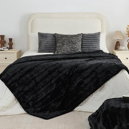 Krifey Black Faux Fur Blanket for Bed, 3D Marble Texture Soft Cozy Fuzzy Plush Thick Warm Blanket, Faux Rabbit Fleece, Christmas Birthday Gifts for Men Dad, Cool Black, 60x80in