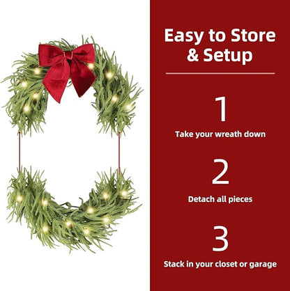 30 Inch Christmas Wreaths for Front Door with Lights,Lighted Norfolk Pine Door Wreath,Prelit Real Touch Artificial Green Winter Wreath with Large Burgundy Velvet Bow for Indoor Outdoor Decor
