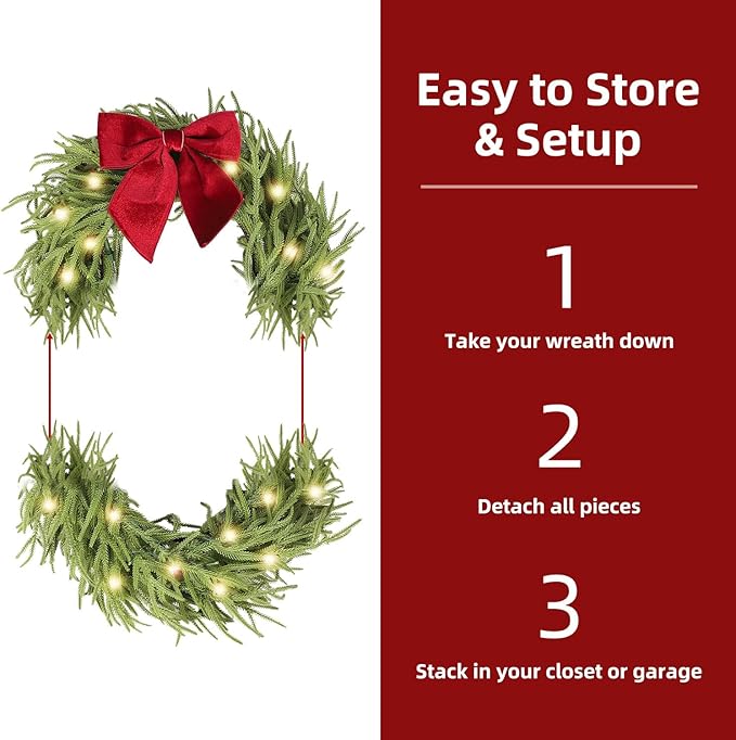 26 Inch Christmas Wreaths for Front Door with Lights,Lighted Norfolk Pine Door Wreath,Prelit Real Touch Artificial Green Winter Wreath with Large Burgundy Velvet Bow for Indoor Outdoor Decor
