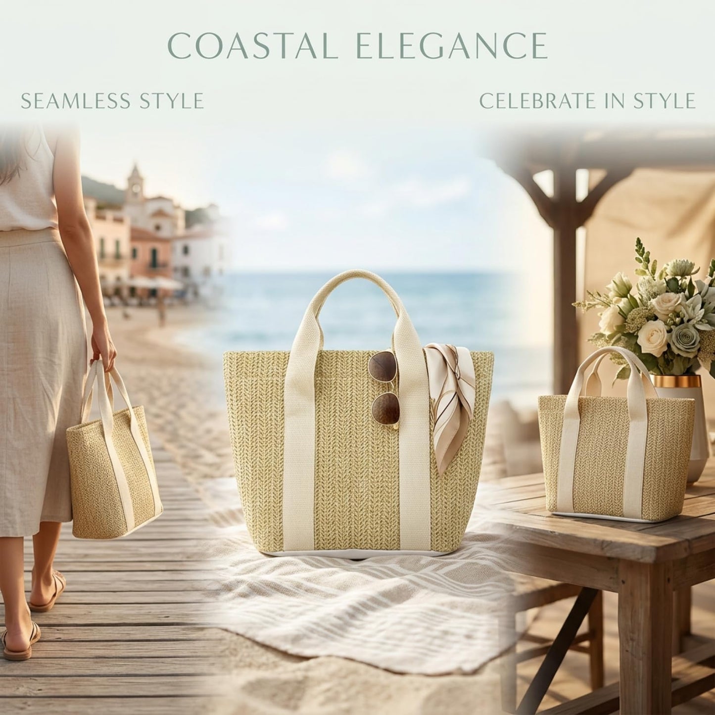 10 Pcs Straw Beach Tote Bags, Woven Handbag with Handle, Bachelorette Beach Bags, Suitable for Women Vacation & Shopping