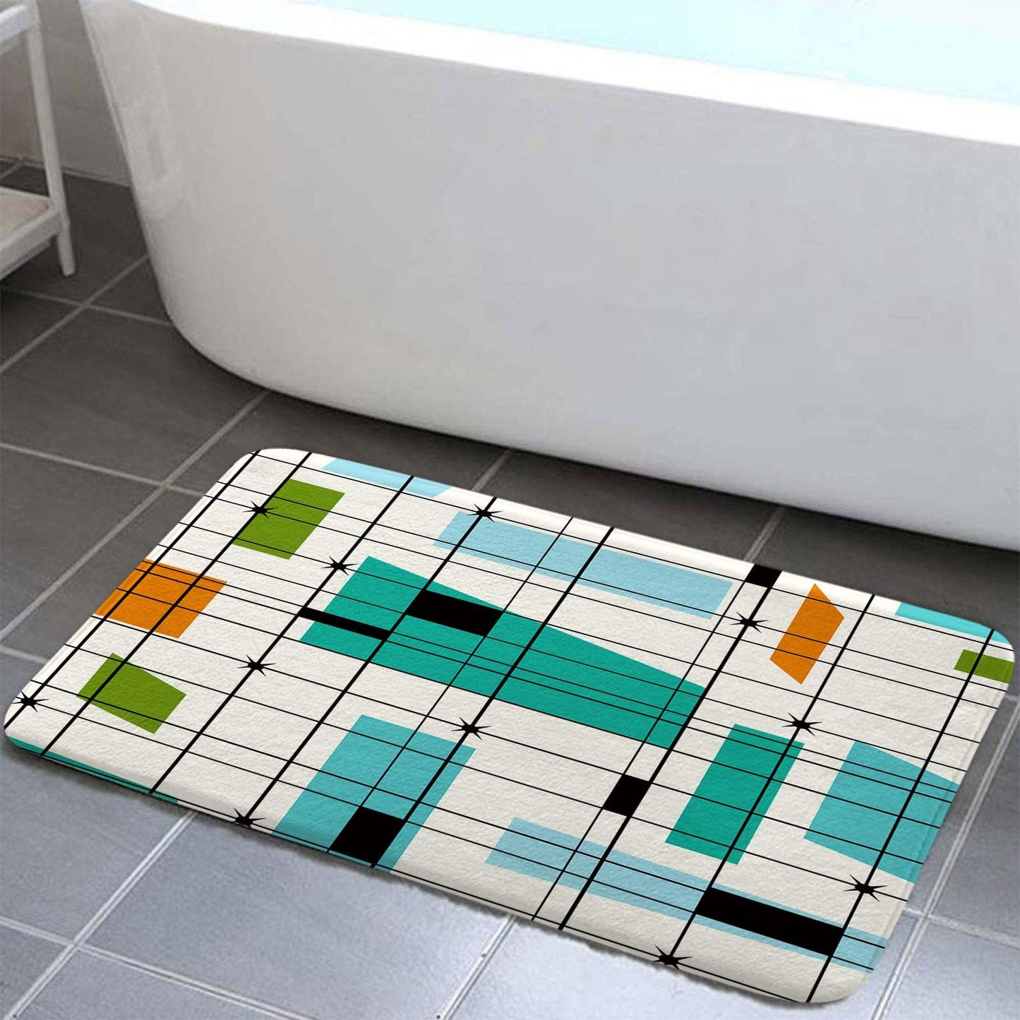 DYNH Mid Century Bath Rug Mat, Aesthetic Abstract Geometric Mid Century Bath Mat Rug, Teal Retro Grid Starbursts 1950S 1960S MCM Modern Minimalist Floor Rug mat for Kitchen/Bathroom,16X24