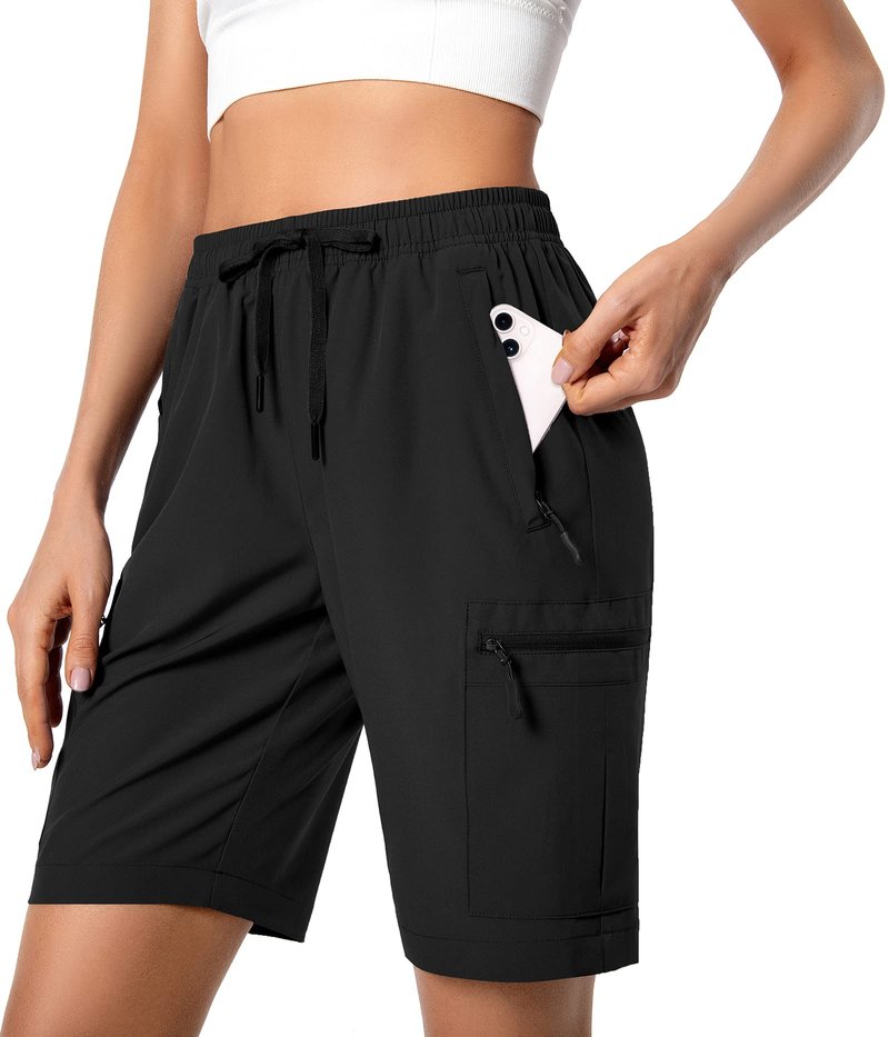 Hugut Women's Lightweight Hiking Cargo Shorts Quick Dry Athletic Shorts Camping Travel Golf Zipper Pockets Water Resistant Black