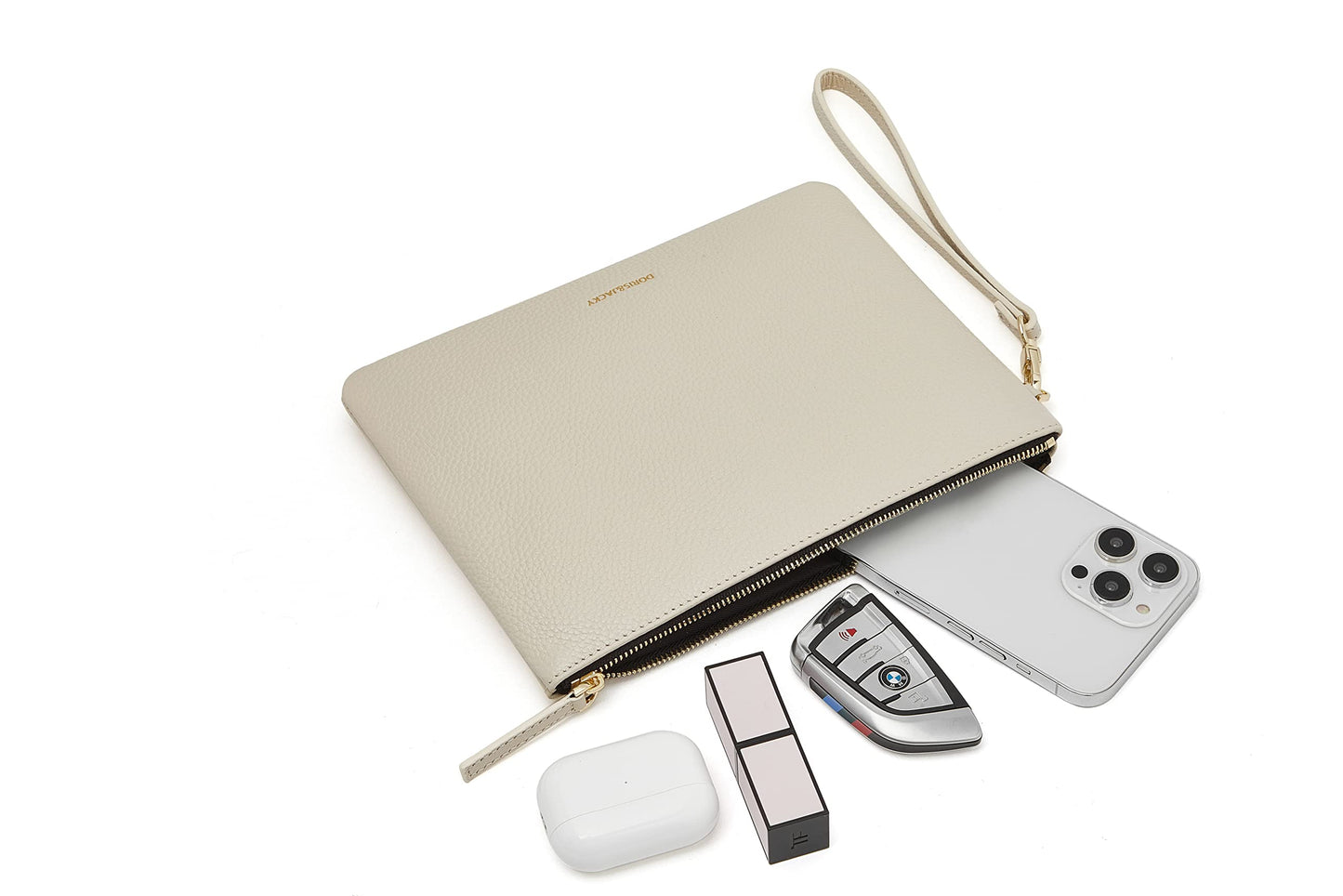 DORIS&JACKY Leather Wristlet Clutch Purse for Women Large Slim Phone Pouch Bag With Detachable Strap (Off White)