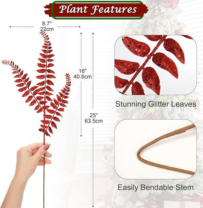 DILATATA 6Pcs Christmas Glitter Leaves Boston Fern Leaves 25" Artificial Red Fern Leaf Picks Sprays Giltter Stems for Christmas Tree DIY Xmas Wreath Garland Home Decor - Red