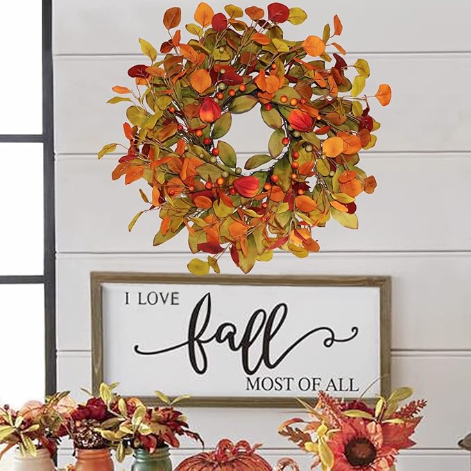 22“ Thanksgiving Fall Wreaths for Front Door Outside - Orange Green Eucalyptus & Berries Front Porch Door Wreath Decor, Harvest Autumn Decor.