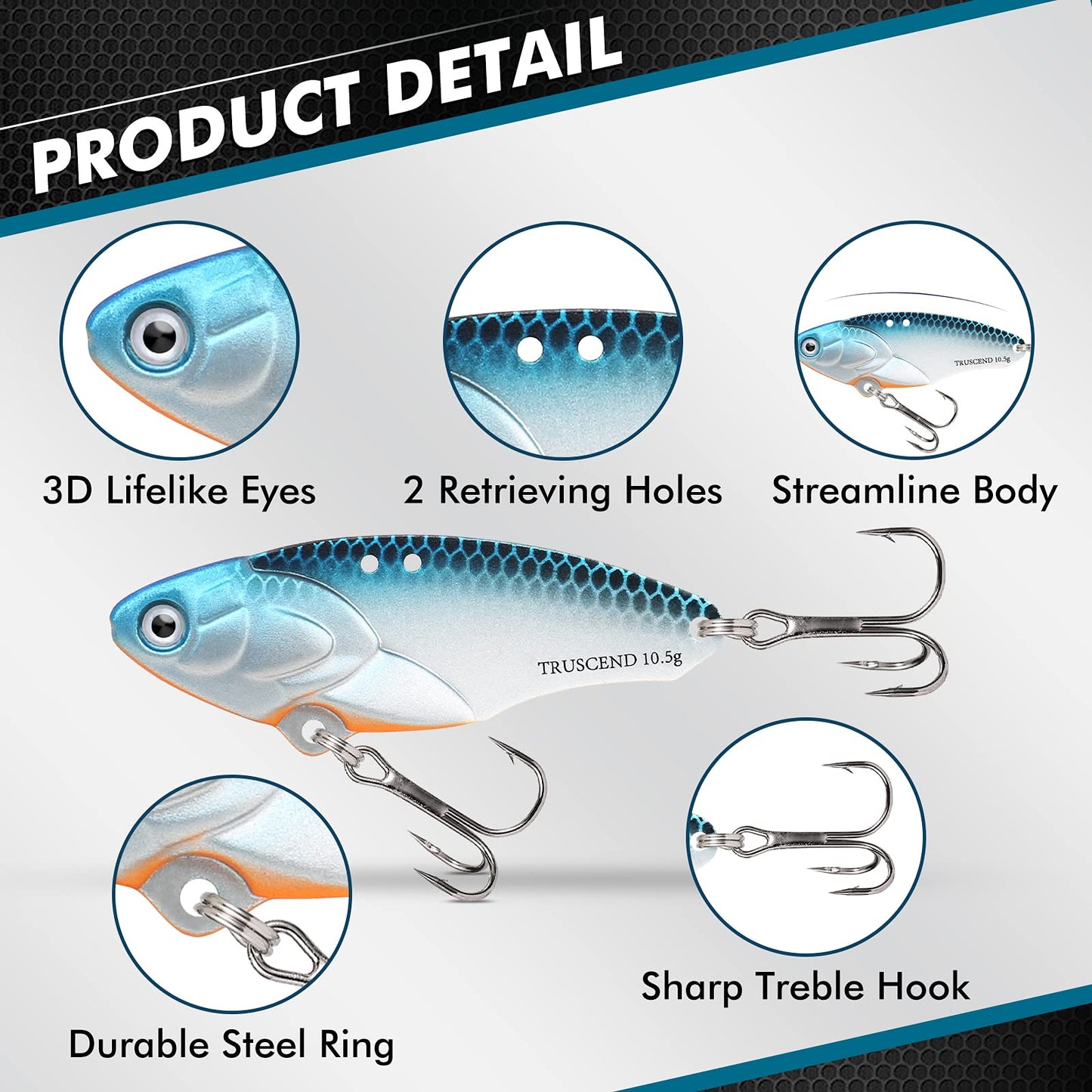 TRUSCEND Blade Bait for Bass Trout Walleye, Easy Catch Fishing Lures for All Levels & Species, Well-Made Long Cast VIB Blade Jig Spinner, VIBEspinner with BKK Sharp Hook, Freshwater Crappie Jigs 3/8oz