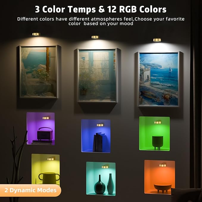 3PCS Picture Lights, Rechargeable Battery Magnetic Poster Lights with 3 Color Temps&12 RGB, Dimmable and Timer Metal Art Light for Display, Wall, Artwork, Gallery (Gold)