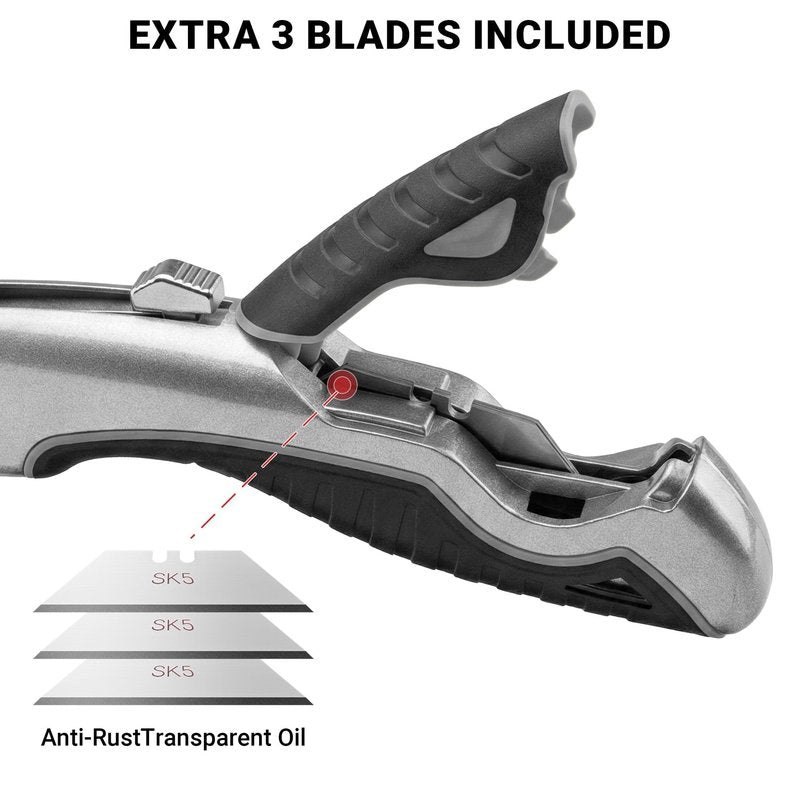 Box Cutter Retractable with Built-In Blade Storage & Wire Stripper, Heavy-Duty Utility Knife safety, Metal Alloy Body, Ergonomic Non-Slip Rubber Grip, Quick Change Blade Razor Knife (Matte Gray)