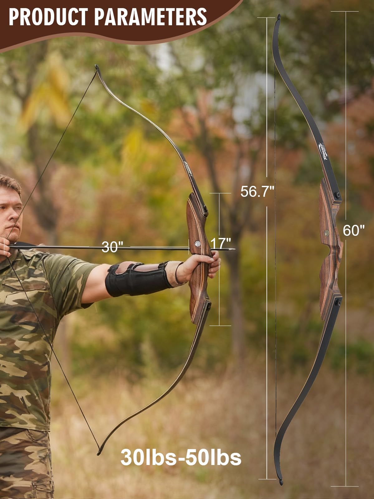 TOPARCHERY Recurve Bow Set for Adult & Beginner, 60" Wooden Takedown Recurve Hunting Bow for Outdoor Training Practice Right Handed 25-60LB (Brown, Right Hand, 30, Pounds)