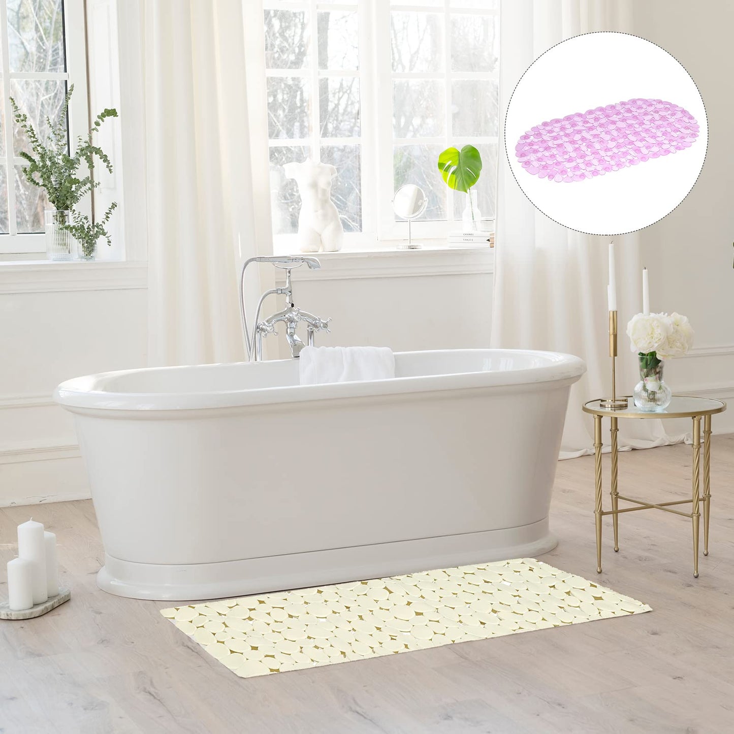 uxcell Bath Tub Shower Mat, 30" x 14.2" PVC Non-Slip Pebble Oval Mat with Drain Holes, Suction Cups for Bathroom Bathtub, Clear Purple