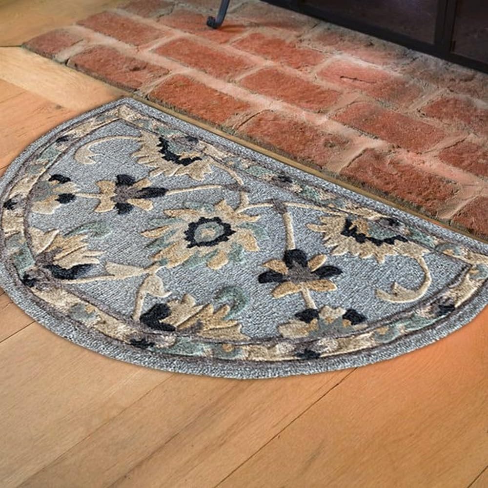 LR Home 2x4 Wool Hearth Rug, Semi Circle Floral Farmhouse Area Rug, Blue/Gray Indoor Transitional Rug for Fireplace, Entryway, Living Room & Bedroom