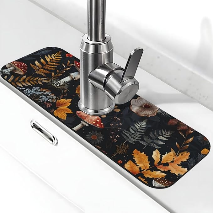 Faucet Draining Mat For Kitchen Sink, Mushrooms Ferns Wildflowers Diatom Mud