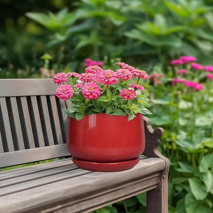 G EPGardening Ceramic Planter 7 Inch - Flower Pots for Indoor Plants, Round Planter with Drainage and Ceramic Tray, Modern Plant Pot, Bathroom Decor, Teacher Gifts, Red