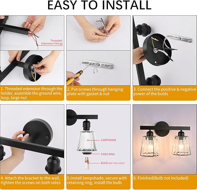 TISLYCO 2 Lights Sconces Wall Decor, Modern Vanity Light Fixture Over Mirror, Black Crystal Wall Sconce for Hallway Entryway Restroom, 2 Lights Bathroom sconces