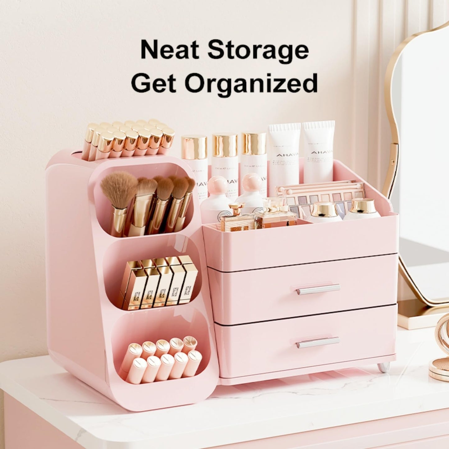 KQJS Makeup Organizer with Drawers,Large Capacity Countertop Organizer for Vanity,Bathroom and Bedroom Desk Cosmetics Organizer,Easy To Storage Skincare,Brushes,Lotions (All Pink)