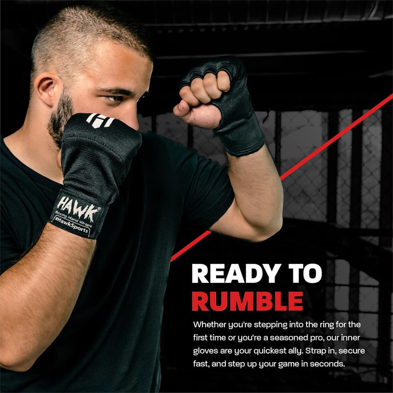 Hawk Padded Inner Gloves Training Gel Hand Wraps for Boxing Quick Wraps Men & Women Kickboxing Muay Thai MMA Bandages Fist Knuckle Wrist Protector Handwraps (Pair) (Black, S/M)