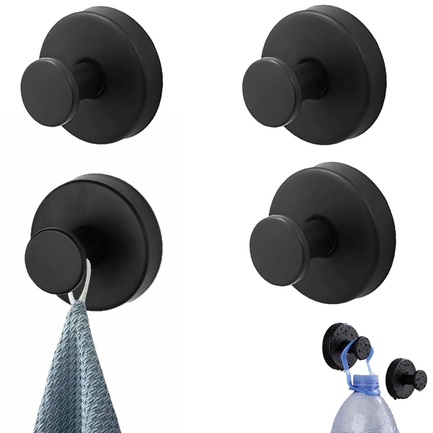 BRMUEIX 4 Pack Suction Cup Hooks for Shower,Glass Door Tile & Windows,Towel Hooks for Bathrooms,No Drill Stainless Steel Bathroom Hooks,Removable Suction Cup Wreath Hangers for Front Door(Black)