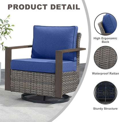 Outdoor Patio Swivel Rocker Chairs - 3 Piece Wicker Patio Furniture Bistro Set with 2 Swivel Rocking Chairs and 1 Metal Side Table,Thick Cushions,Deep Seating for Deck Porch Garden(Mixed Grey/Blue)