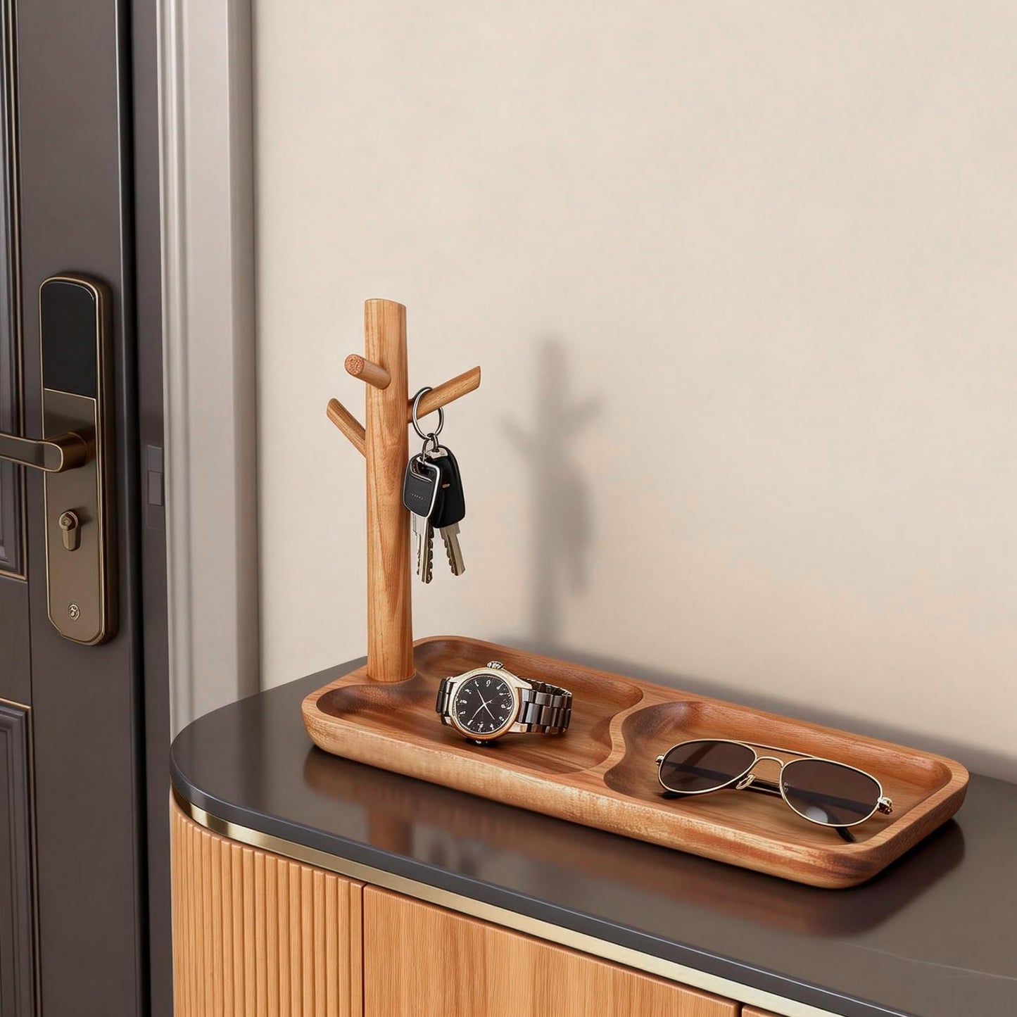 Acacia Wood Key Tray for Entryway Table, Wooden Catchall Organizer with Jewelry Storage Rack, Valet Tray for Keys Wallet Watches Sunglasses Rings(Rectangle)