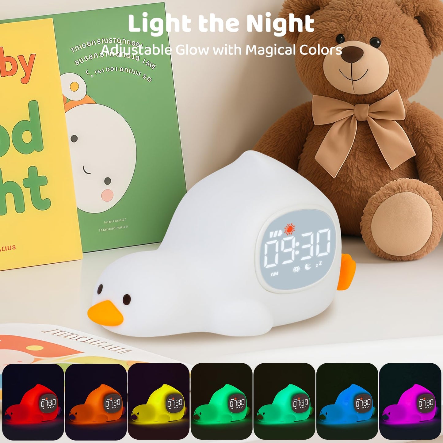 Laying Duck Alarm Clock with Night Light for Kids with Sleep Training and Sound Machine, Rechargeable Silicone Lamp OK to Wake Clock，Cute Animal Tabletop Lamp, Perfect Sleep Companion for Boys Girls