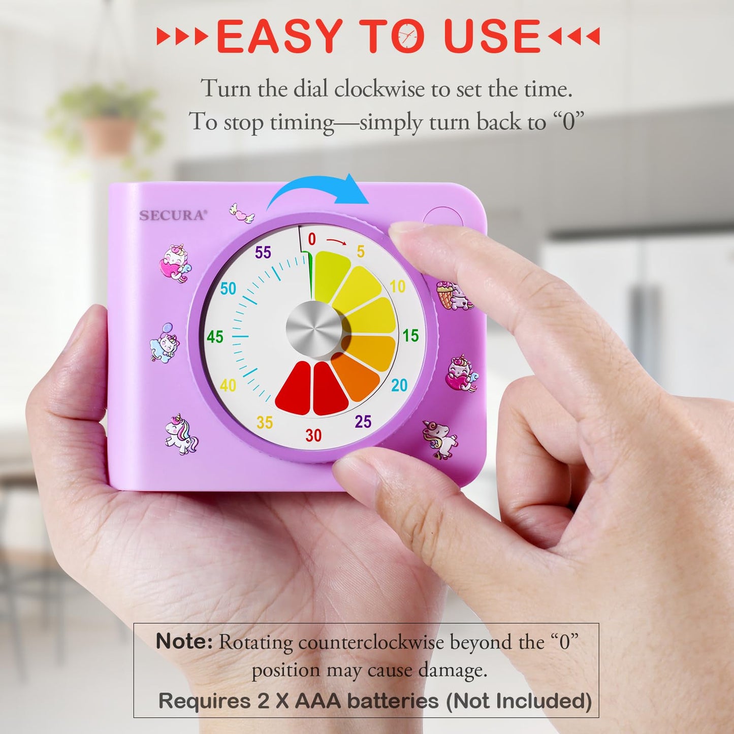 Secura Visual Timer for Kids – 60-Minute Classroom Countdown Timer with Color Disc, Time Management Tool for Kids, Teachers & Parents, Silent & Beep Modes, Magnetic Back & Stand (Purple)