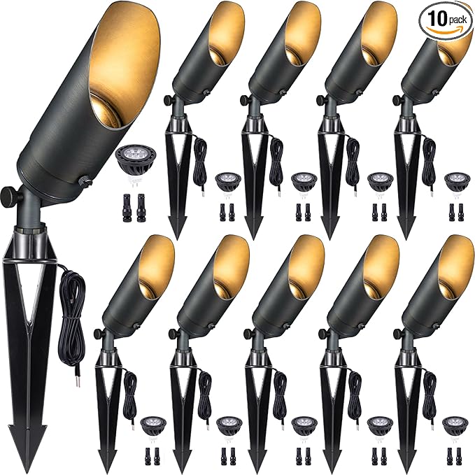 Gardenreet Low Voltage Spotlight - Outdoor Light Fixture 12V AC/DC, Brass Landscape Lights LED Hardwired, Weather Proof Bronze for Flag Wreath with Warm White MR16 Removable Bulbs (10 Pack)