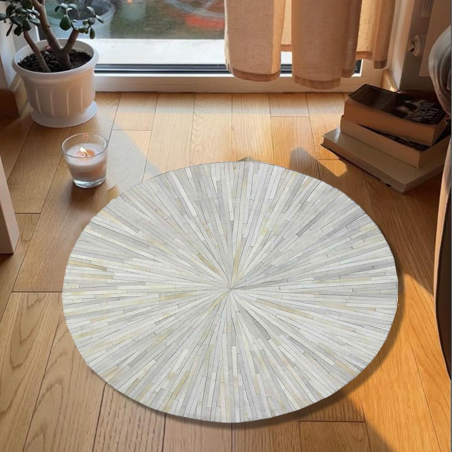 VELMONT STUDIO Round Leather Area Rug – Handmade Genuine Leather 10 x10 ft Carpet for Living Room, Bedroom & Office – Premium Decorative Floor Rug, Durable & Stylish Home Décor White Rug