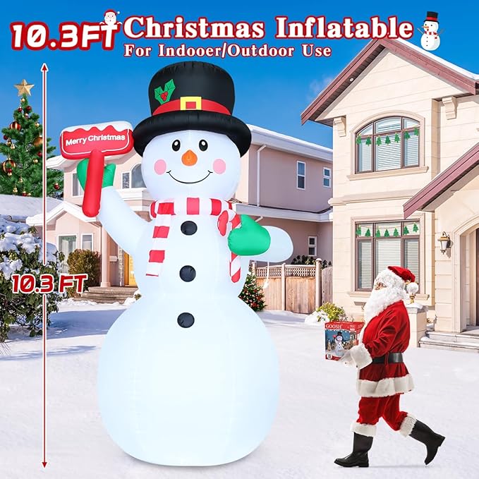 GOOSH 10.3 FT Christmas Inflatables Snowman Outdoor Decoration Blow Up Holds a Red Sign with Built-in LEDs for Garden Lawn Indoor Party Decor