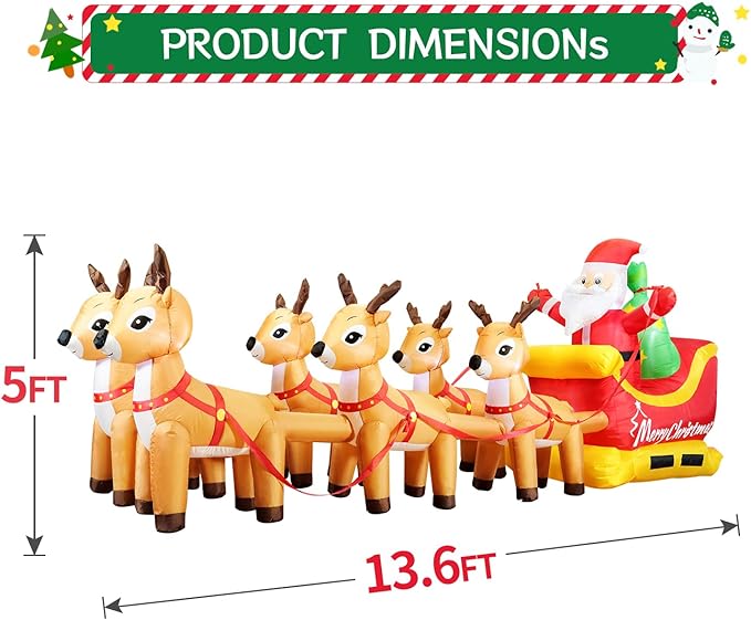 DomKom 13.6 FT Christmas Inflatable Outdoor Santa Claus on Sleigh with Six Reindeer, Building LED Lights, Blow Up Yard Decoration for Party Garden Lawn Winter Decor