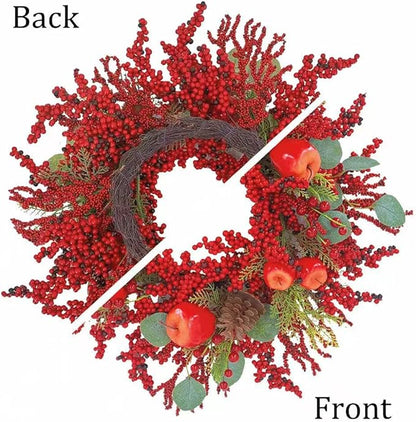 22 inch Christmas Wreath for Front Door - Apple and Berry Wreath for, Artificial Holiday Door Decoration with Mixed Leaves, Farmhouse Style Christmas Wreath