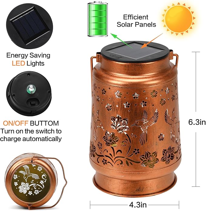 2 Pack Solar Lanterns Outdoor Waterproof Hummingbird Garden Decor Birthday Gifts for Women Mom Grandma Hanging Solar Lights Metal Solar Decoration Outside for Yard,Patio,Backyard,Porch