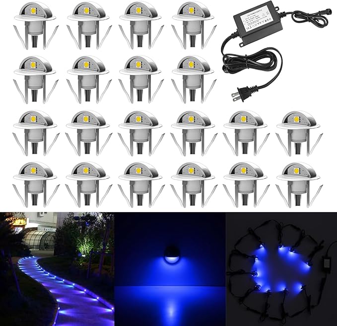 Recessed LED Deck Light Kit, 20pcs 10Lm In Ground Outdoor Landscape LED Lighting for Stair Patio Garden Floor Corner Sauna Room Bathroom, Waterproof IP65, 12V Low Voltage, Blue