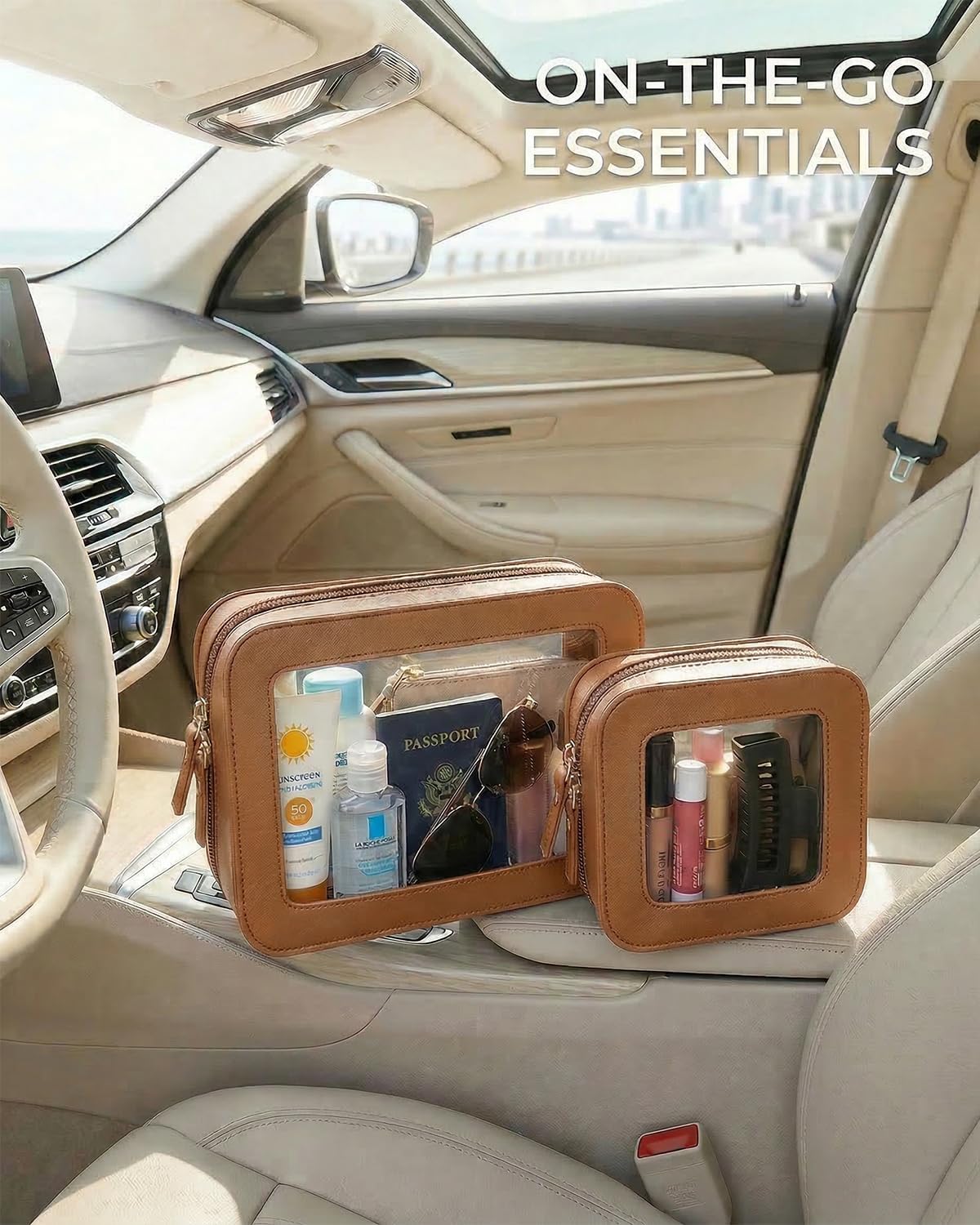 LETGO Clear Makeup Bag Organizer Set, Travel Toiletry Bag Cosmetic Case for Women, Portable Make up Skincare Pouch Car Organizer Bag with Zippers for Essentials (2Pack-Standard & Square, Brown)