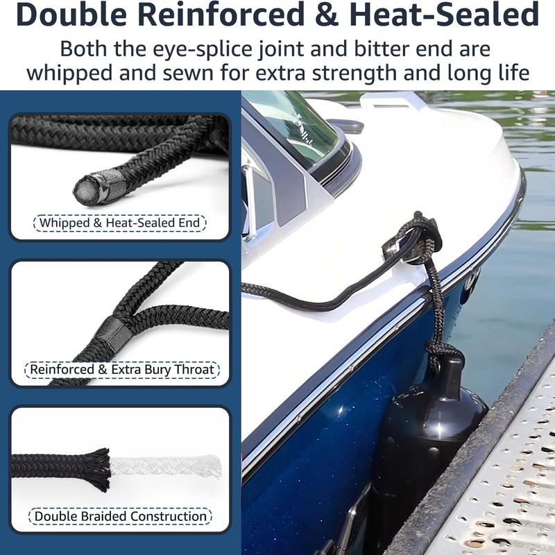 PACTHSD 1/2" x 8' Boat Fender Lines (4-Pack) - Double Braided Nylon Dock Lines for Boats - Marine Grade Fender Ropes with 10" Eye Loop - Soft, Durable Boat Accessories for Pontoon and Small Boats