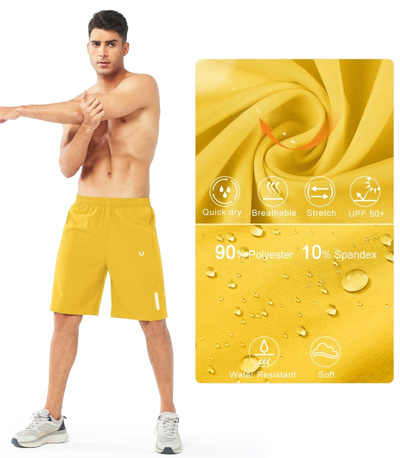 NORTHYARD Men's Athletic Running Shorts Gym Workout 7"/9"/5" Quick Dry Lightweight Sports Basketball Tennis 3 Zipper Pockets YELLOW-9inch S