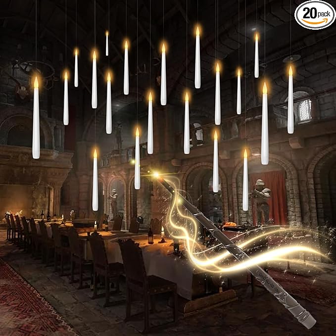 Flameless Floating Candles with Wand，20 Pcs Magic LED Hanging Taper Candles，Flickering Battery Operated Taper Candle with Wand Remote for Halloween Decorations Best Gift（White）