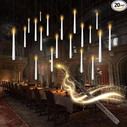 Flameless Floating Candles with Wand，20 Pcs Magic LED Hanging Taper Candles，Flickering Battery Operated Taper Candle with Wand Remote for Halloween Decorations Best Gift（White）