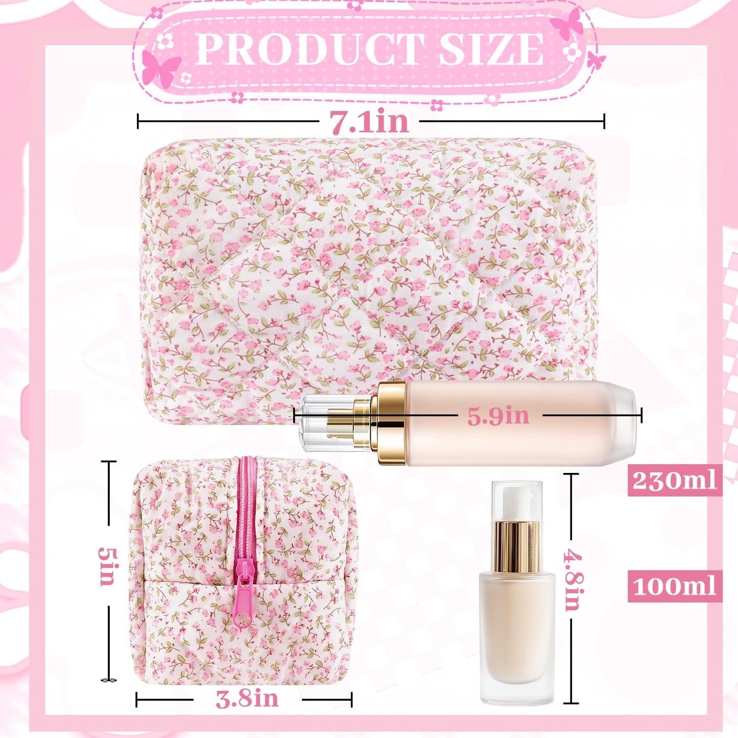 URSKYTOUS Quilted Makeup Bag Floral Large Cute Cosmetic Bag Cotton Puffy Makeup Organizer Coquette Travel Makeup Pouch Aesthetic Portable Zipper Toiletry Storage Bag for Women Girls (Pink)