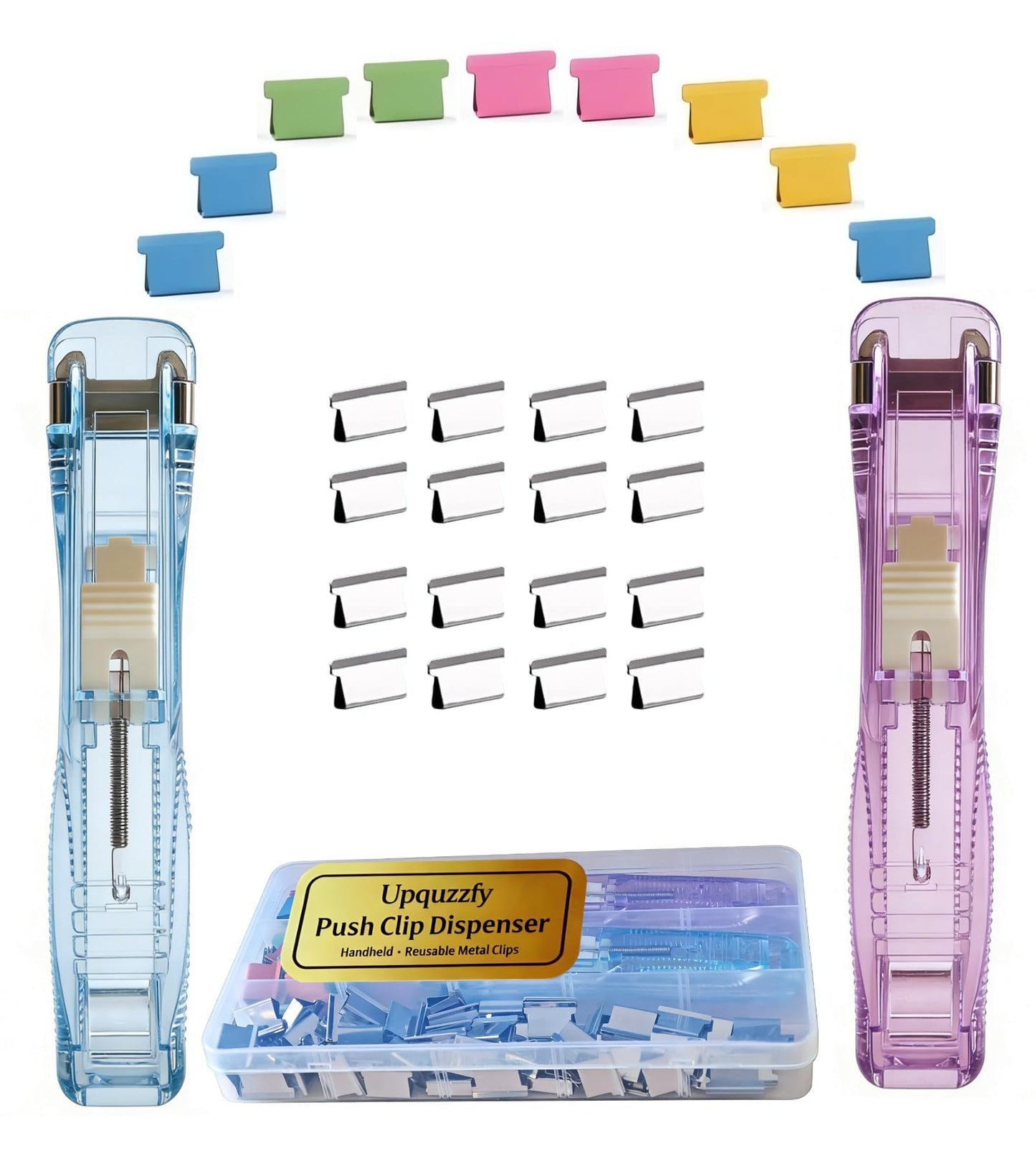 Upquzzfy 2 Sets Handheld Paper Clam Clip Dispenser with 100 Reusable Paper Clips - Silver & Colorful Metal Clips in Clear Box for Office, School and Home Organization