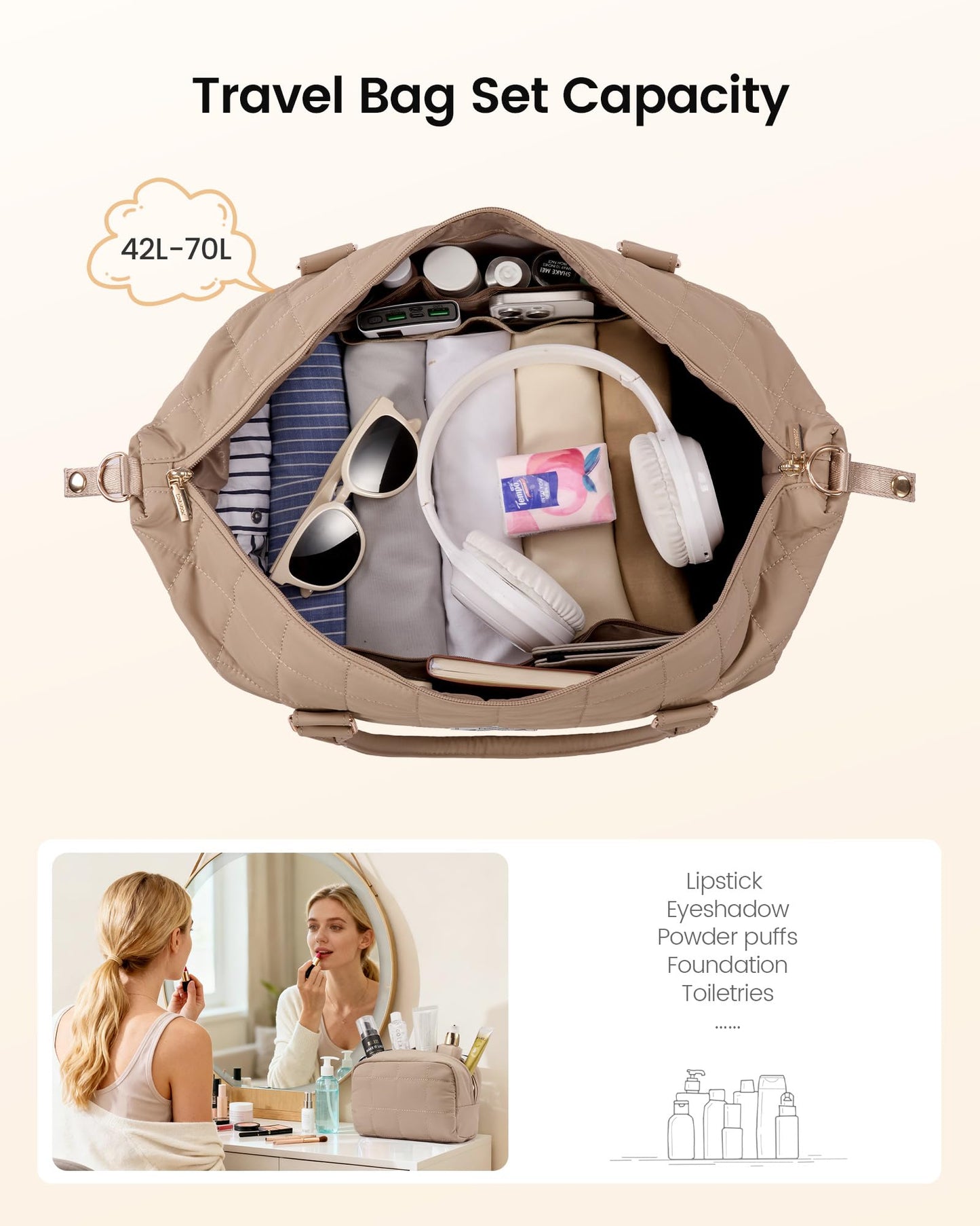 LOVEVOOK Travel Duffel Bag - Versatile Weekender Bag for Women, Puffer Carry On & Overnight Bag for Short Trips, Coffee Brown