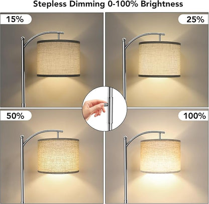 Dimmable Floor Lamp, Arc Floor Lamps for Living Room, Stepless Dimming Modern Standing Lamp with Linen Shade, Tall Lamp for Bedroom Office Dining Room- Silver
