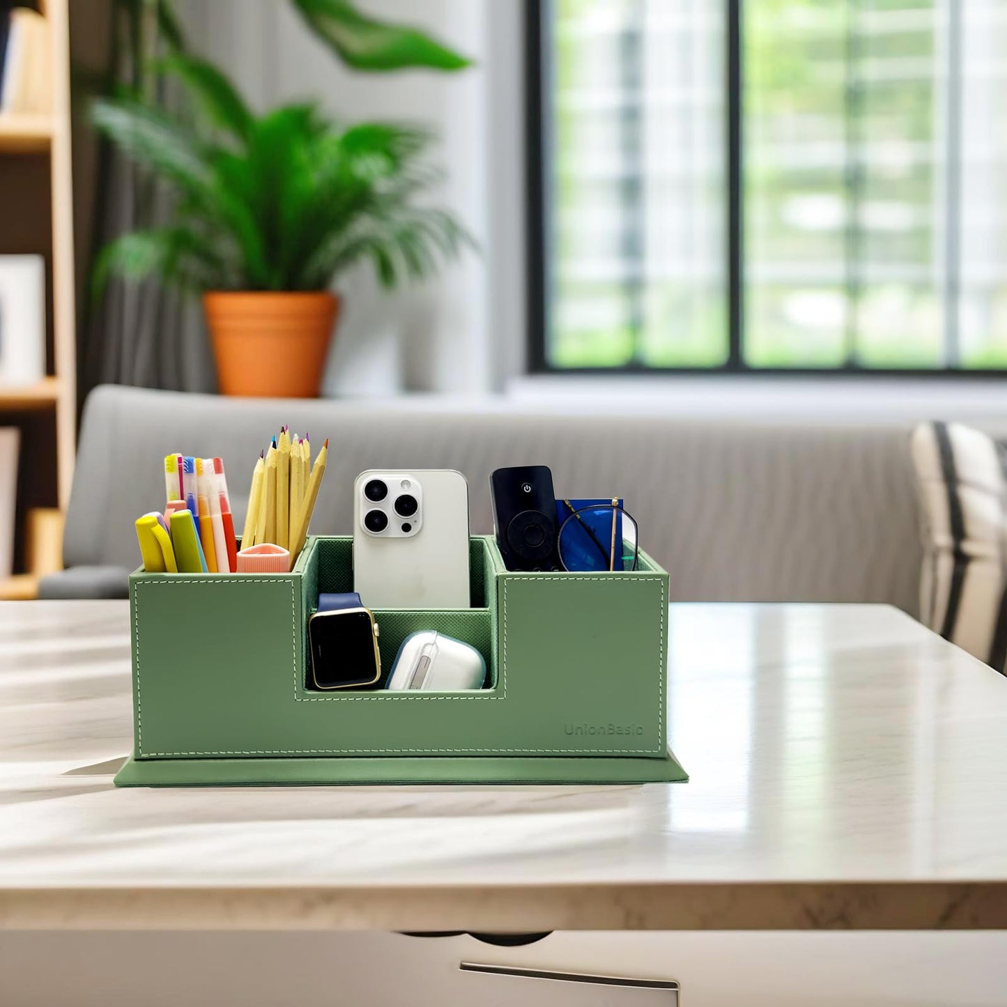 UnionBasic Desk Organizer, Desktop Caddy Leather Multi-compartment Pen Holder Office Stationer Organizer, Malachite Green