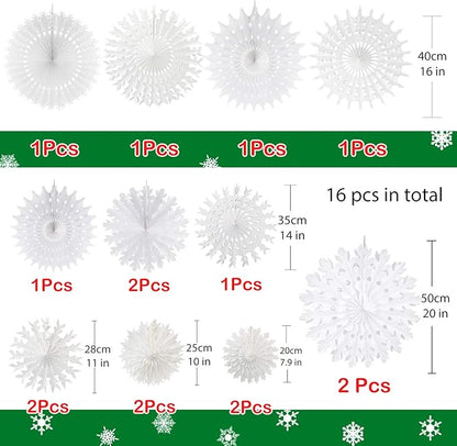 CHRORINE 16 Pcs Christmas Winter White Paper Snowflake Decorations, Christmas Snowflakes Hanging Decoration, Frozen Birthday Party Supplies Winter Wonderland Party Decorations (Mixed 7.8"-20")