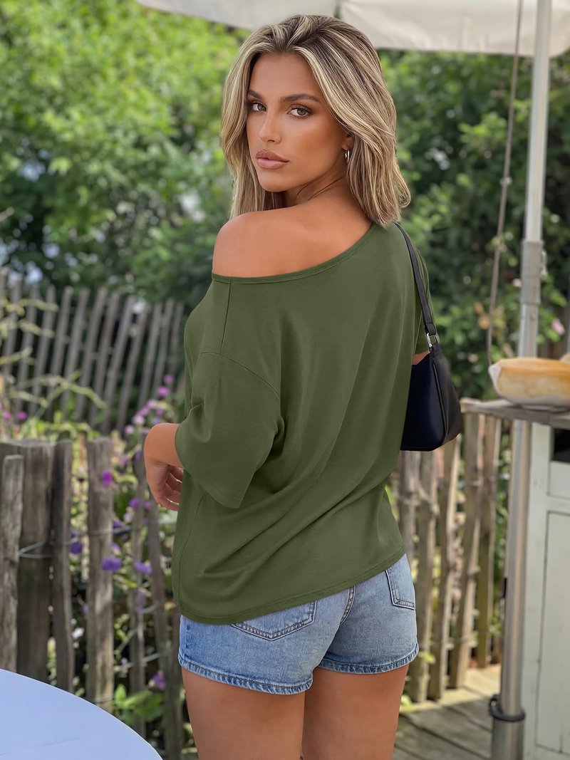 Trendy Queen Womens Off the Shoulder Tops Oversized T-Shirts Short Sleeve Tees Summer 2026 Casual Spring Clothes Workout Gym Y2k Cute Going Out Plus Size Fashion Clothing ArmyGreen S