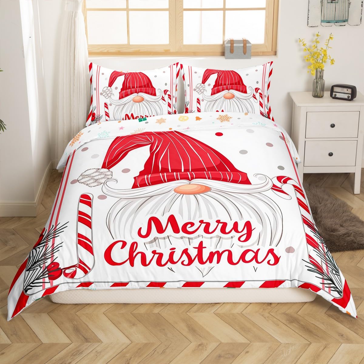 Feelyou Kids Merry Christmas Bedding Set Full Size Santa Claus Comforter Cover Set for Boys Girls Xmas Candy Cane Polka Dots Duvet Cover Happy New Year Bedspread Cover (No Comforter)