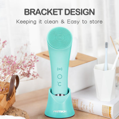 PRITECH Facial Cleansing Brush, Rechargeable Silicone Face Scrubber with Heat Massage End, Vibrating Exfoliator Scrubber for Deep Cleaning, Waterproof Face Brush for Women and Men (Pink)