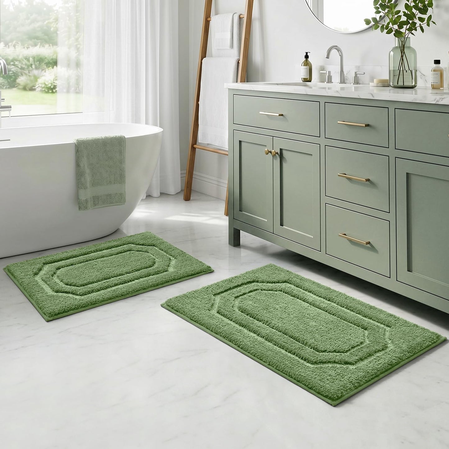 HOMEIDEAS Bathroom Rugs Sets 2 Piece, Extra Soft and Absorbent Microfiber Plush Bath Mat with Non Slip Backing(Sage Green)