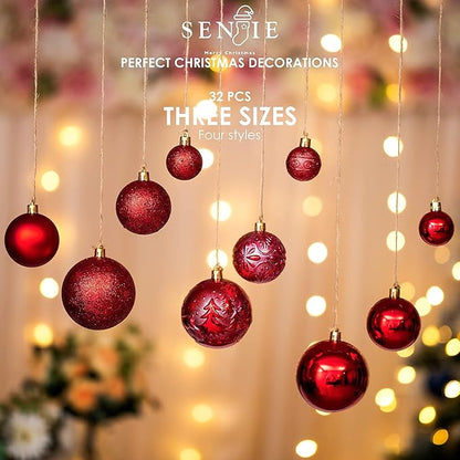 Senjie Red Shatterproof Christmas Ball Ornaments, 32 Pcs, Plastic, Eclectic Style, Wedding & Christmas Occasion