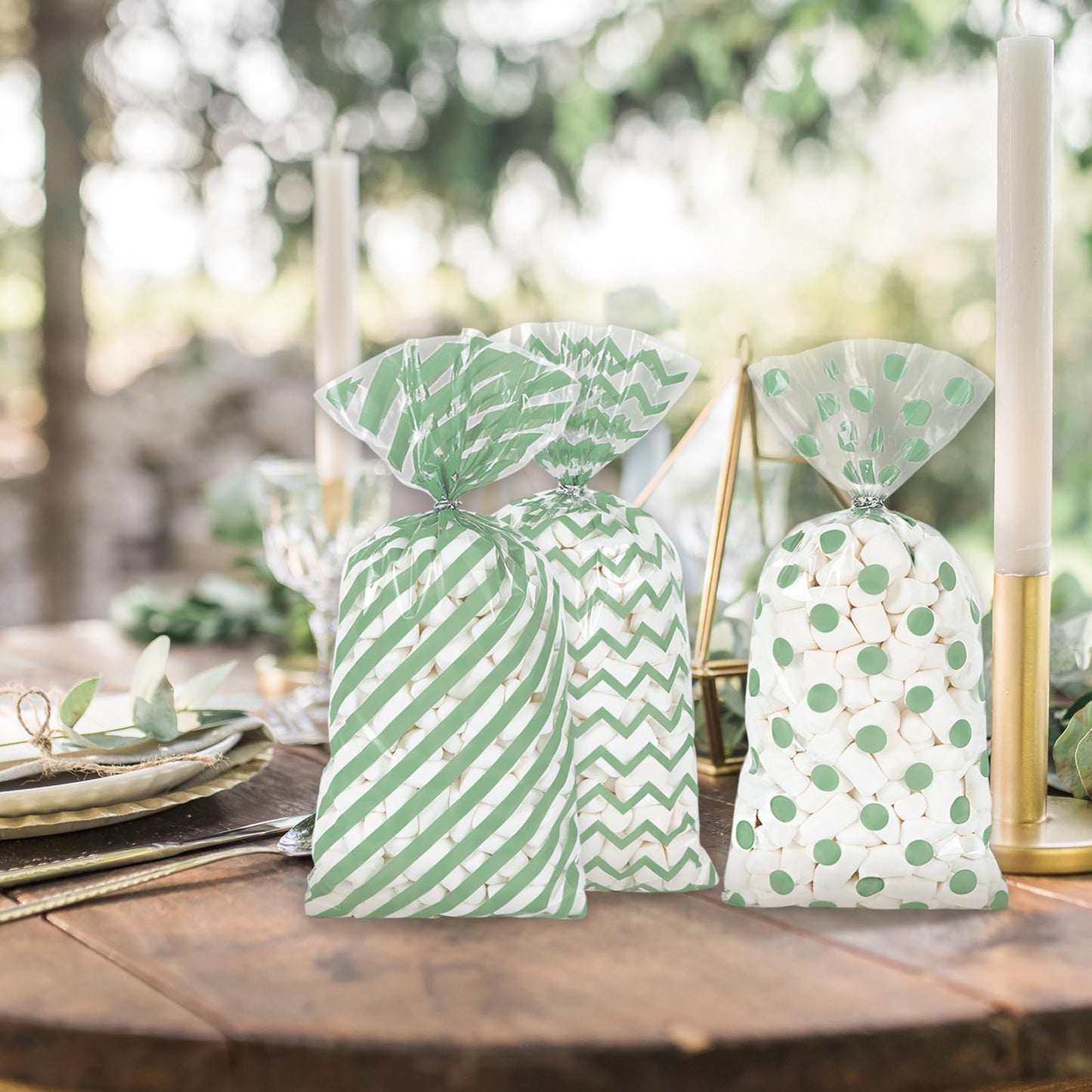 Whaline 160 Pcs Sage Green Cellophane Treat Bags Stripe Wave Dot Plastic Gift Bags Candy Goodie Bag with Twist Ties for Wedding Baby Shower Birthday Party Cookie Snack Packing Supplies, 5.1 x 10.6 Inch
