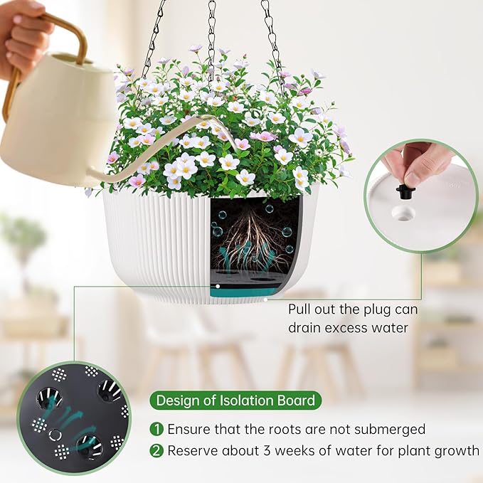Set of 2 11 Inch White Self Watering Hanging Planters for Indoor Outdoor Plants, Thickened Hanging Flower Pots with Drainage Hole & Plug and 20" Chain Hanger